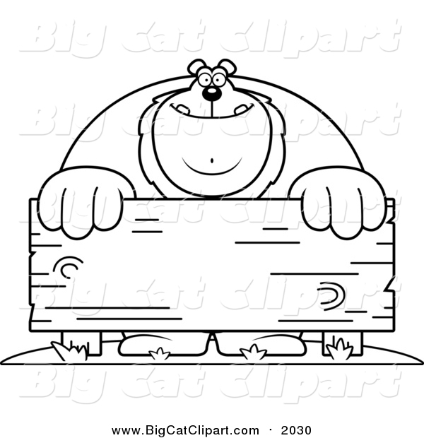 Big Cat Cartoon Vector Clipart of a Lineart Buff Lion Behind a Wooden Sign