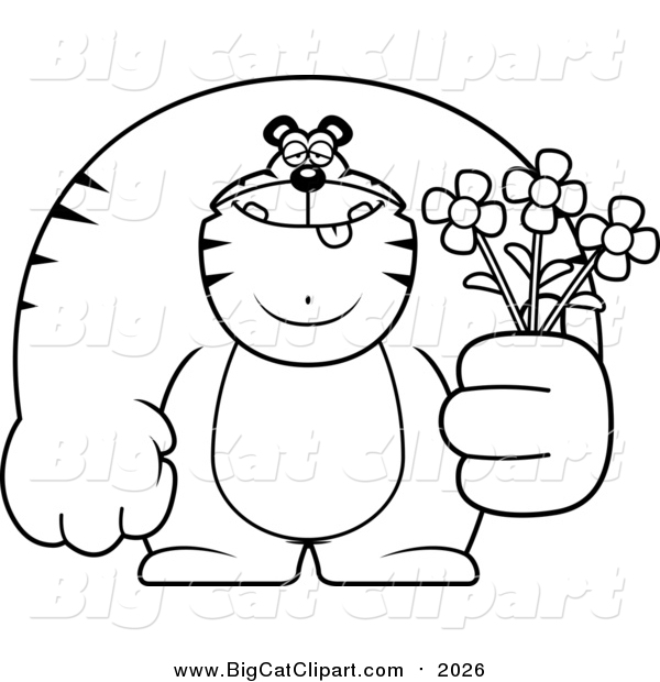 Big Cat Cartoon Vector Clipart of a Lineart Buff Tiger Holding Flowers