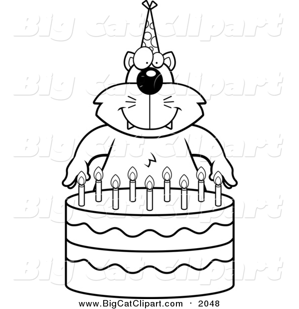 Big Cat Cartoon Vector Clipart of a Lineart Cat Making a Wish over Candles on a Birthday Cake