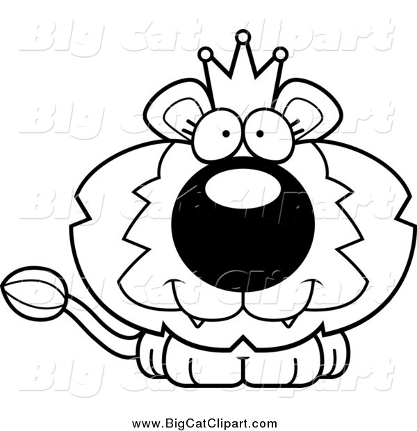Big Cat Cartoon Vector Clipart of a Lineart Cute Happy King Lion Cub