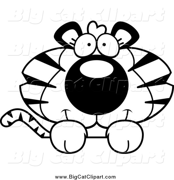 Big Cat Cartoon Vector Clipart of a Lineart Cute Tiger over a Surface