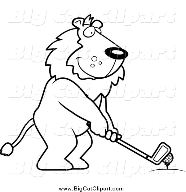 Big Cat Cartoon Vector Clipart of a Lineart Golfing Lion Holding the Club Against the Ball on the Tee