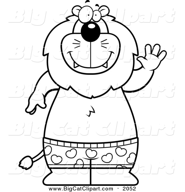 Big Cat Cartoon Vector Clipart of a Lineart Happy Lion Waving and Wearing Boxers