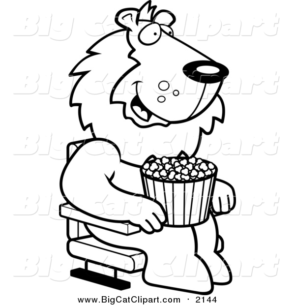 Big Cat Cartoon Vector Clipart of a Lineart Happy Lion with Popcorn at the Movie Theater