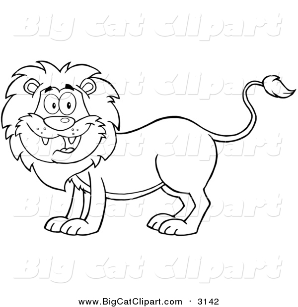 Big Cat Cartoon Vector Clipart of a Lineart Happy Male Lion Smiling