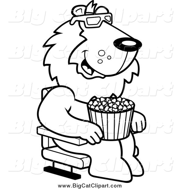 Big Cat Cartoon Vector Clipart of a Lineart Lion Eating Popcorn and Watching a 3d Movie at the Theater