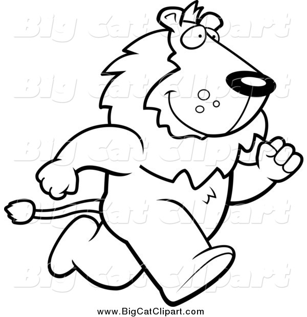 Big Cat Cartoon Vector Clipart of a Lineart Lion Running Upright on His Hind Legs