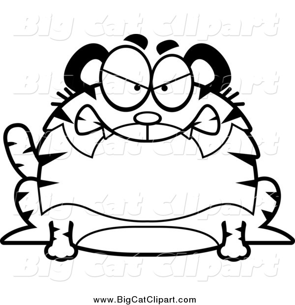 Big Cat Cartoon Vector Clipart of a Lineart Mad Chubby Tiger