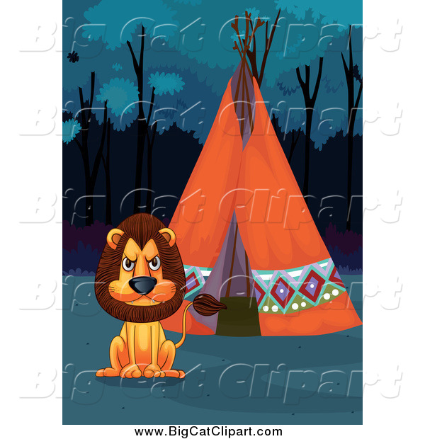 Big Cat Cartoon Vector Clipart of a Lion and a Tipi at Night