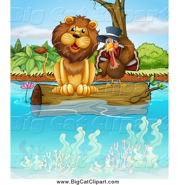 Big Cat Cartoon Vector Clipart of a Lion and a Turkey Bird Resting on a Floating Log