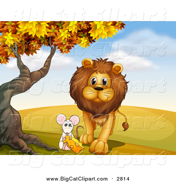 Big Cat Cartoon Vector Clipart of a Lion and Mouse with Cheese Under an Autumn Tree