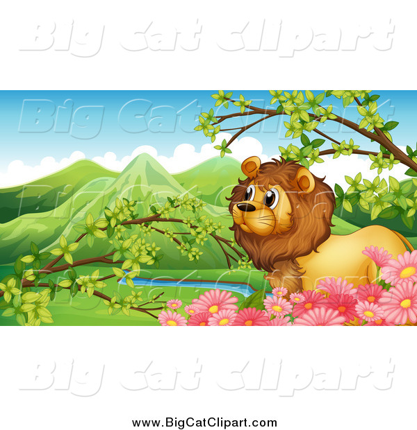 Big Cat Cartoon Vector Clipart of a Lion and Pink Flowers Against a Valley
