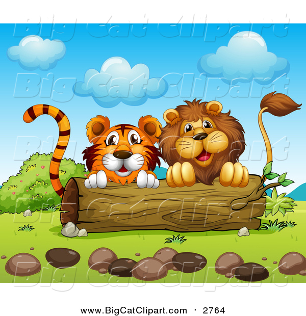 Big Cat Cartoon Vector Clipart of a Lion and Tiger Behind a Log