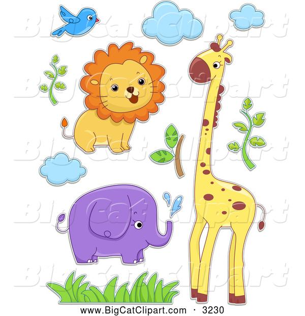 Big Cat Cartoon Vector Clipart of a Lion Bird Elephant Giraffe Clouds and Foliage