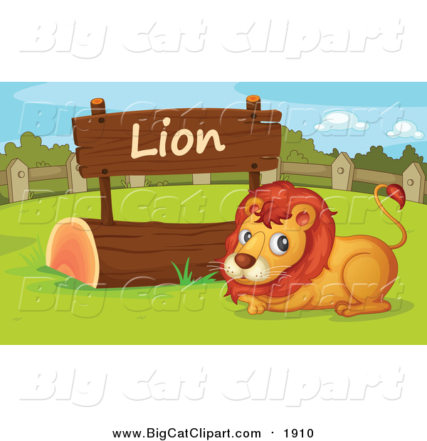 Big Cat Cartoon Vector Clipart of a Lion by a Wooden Sign