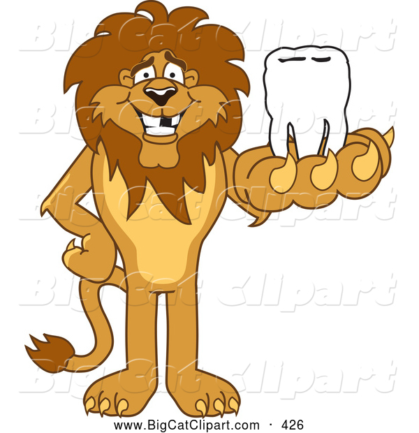 Big Cat Cartoon Vector Clipart of a Lion Character Mascot Holding a Tooth in His Paw