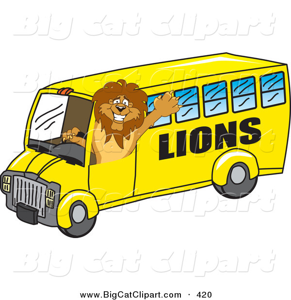 Big Cat Cartoon Vector Clipart of a Lion Character Mascot School Bus Driver Waving Hello