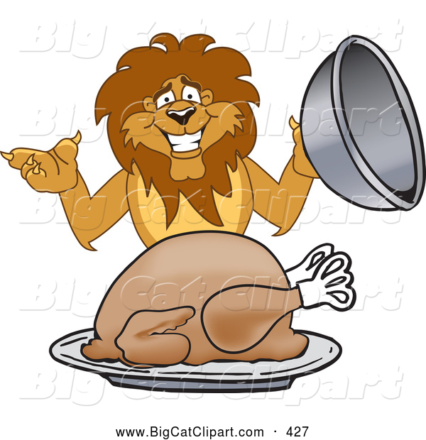 Big Cat Cartoon Vector Clipart of a Lion Character Mascot Serving a Turkey, on White