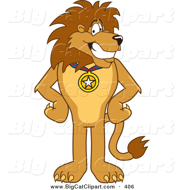 Big Cat Cartoon Vector Clipart of a Lion Character Mascot Wearing a Medal and Smiling