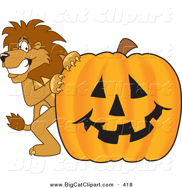Big Cat Cartoon Vector Clipart of a Lion Character Mascot with a Jack O Lantern Pumpkin