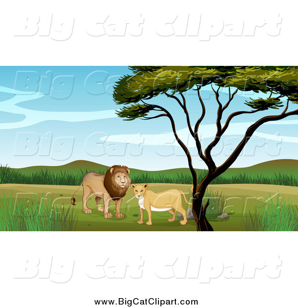 Big Cat Cartoon Vector Clipart of a Lion Couple by a Tree