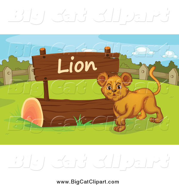 Big Cat Cartoon Vector Clipart of a Lion Cub by a Sign