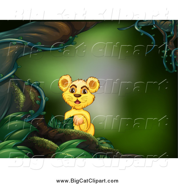 Big Cat Cartoon Vector Clipart of a Lion Cub in a Forest