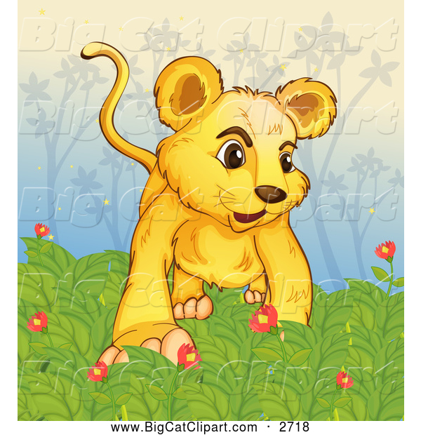 Big Cat Cartoon Vector Clipart of a Lion Cub in Flowers