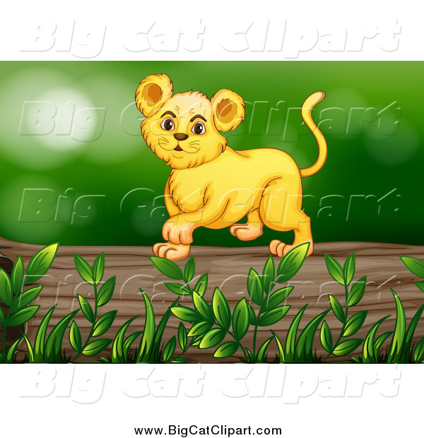 Big Cat Cartoon Vector Clipart of a Lion Cub on a Log