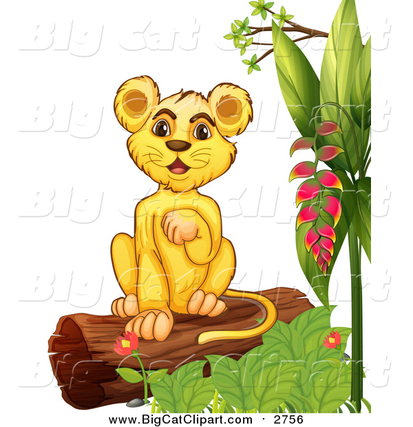 Big Cat Cartoon Vector Clipart of a Lion Cub on a Log with Plants