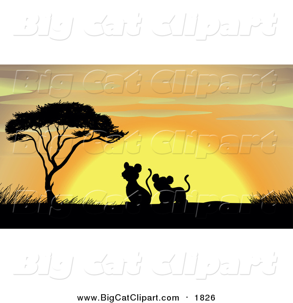 Big Cat Cartoon Vector Clipart of a Lion Cubs Silhouetted with Trees and Grass During Sunset