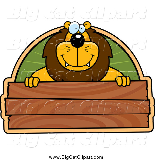 Big Cat Cartoon Vector Clipart of a Lion over a Blank Wooden Sign