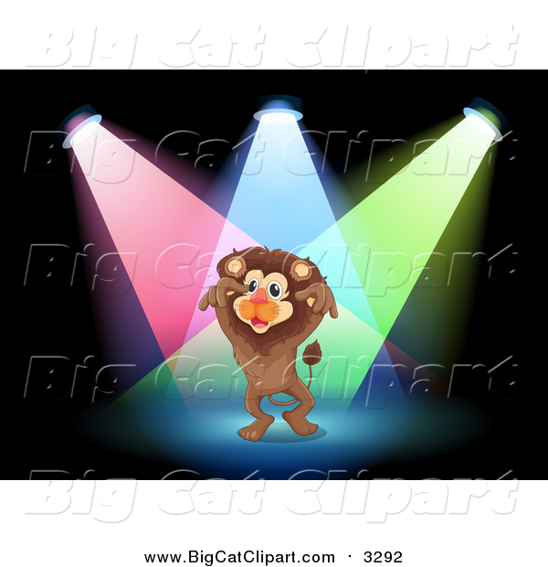 Big Cat Cartoon Vector Clipart of a Lion Performing in Spotlights on a Stage