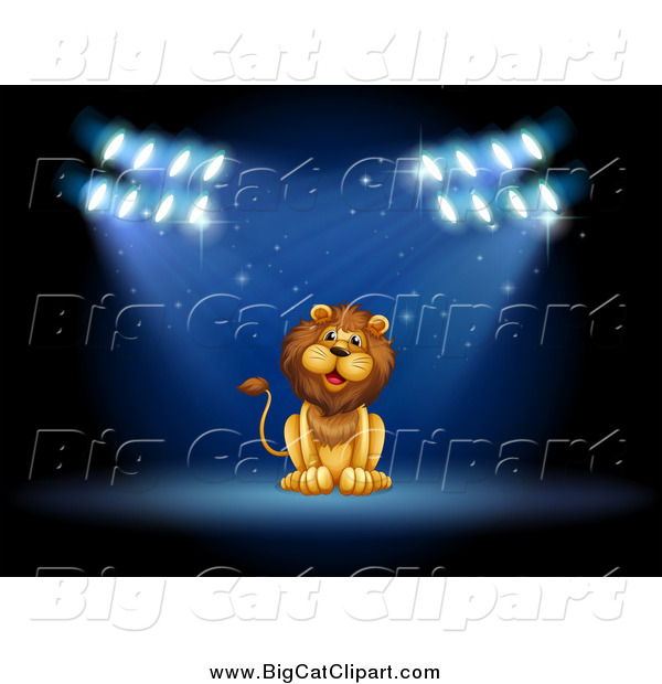 Big Cat Cartoon Vector Clipart of a Lion Sitting in Spotlights on a Stage