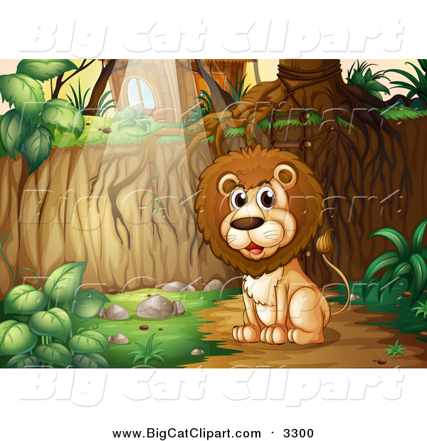 Big Cat Cartoon Vector Clipart of a Lion Sitting in the Woods near a Cabin