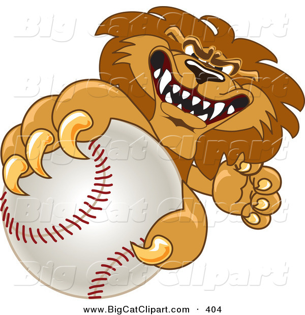 Big Cat Cartoon Vector Clipart of a Lion Sports Character Mascot Grabbing a Baseball