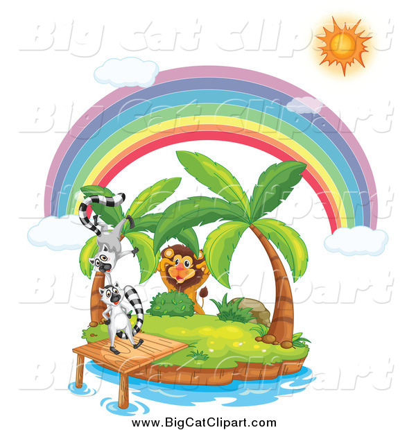 Big Cat Cartoon Vector Clipart of a Lion Stalking Lemurs on a Tropical Island Under a Sun and Rainbow