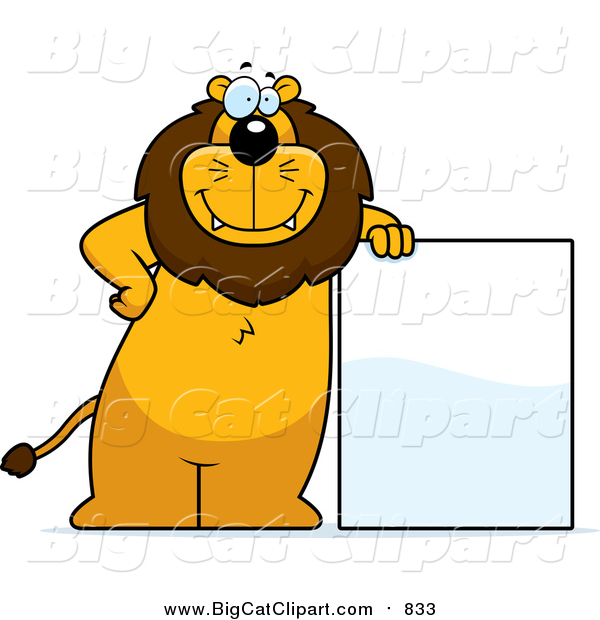 Big Cat Cartoon Vector Clipart of a Lion Standing and Leaning Against a Blank Sign Board