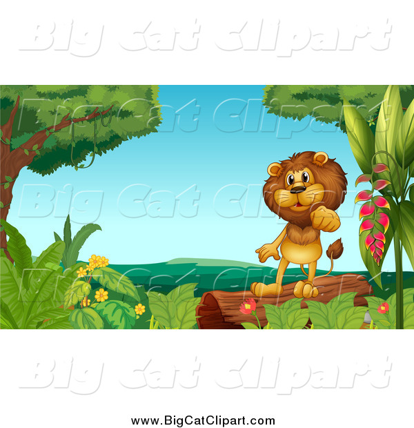 Big Cat Cartoon Vector Clipart of a Lion Standing on a Log