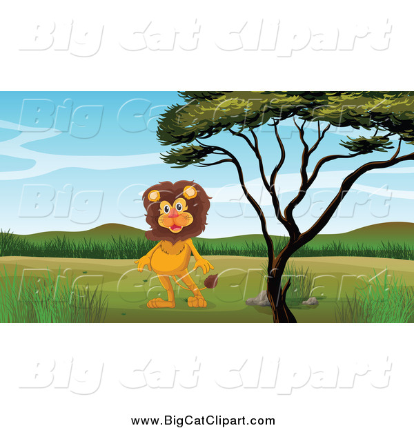 Big Cat Cartoon Vector Clipart of a Lion Standing Upright by a Tree
