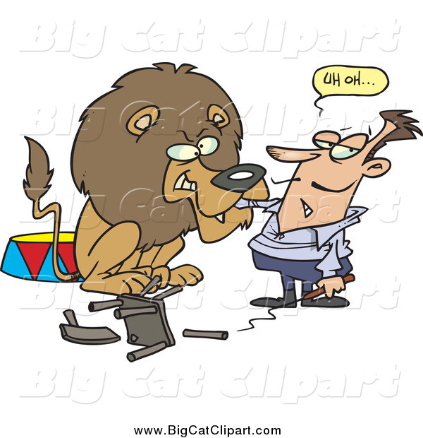 Big Cat Cartoon Vector Clipart of a Lion Tamer Having an Uh Oh Moment As the Cat Turns on Him