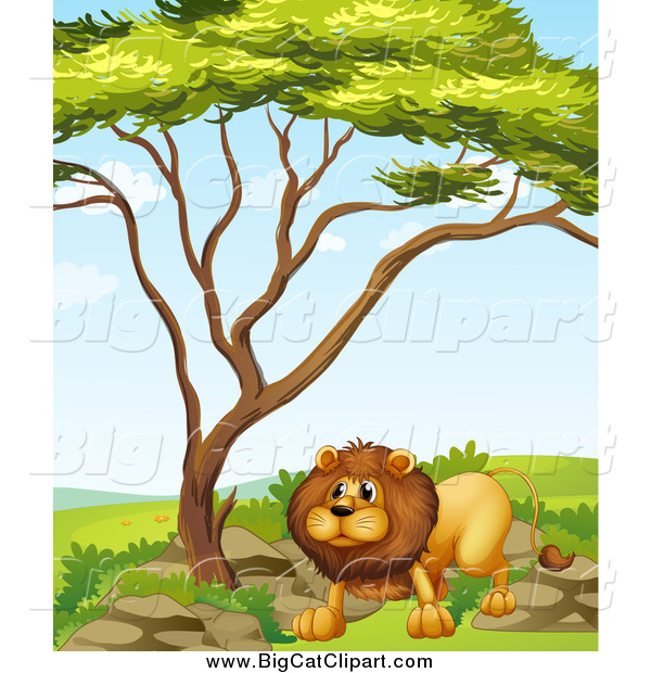 Big Cat Cartoon Vector Clipart of a Lion Under a Tree