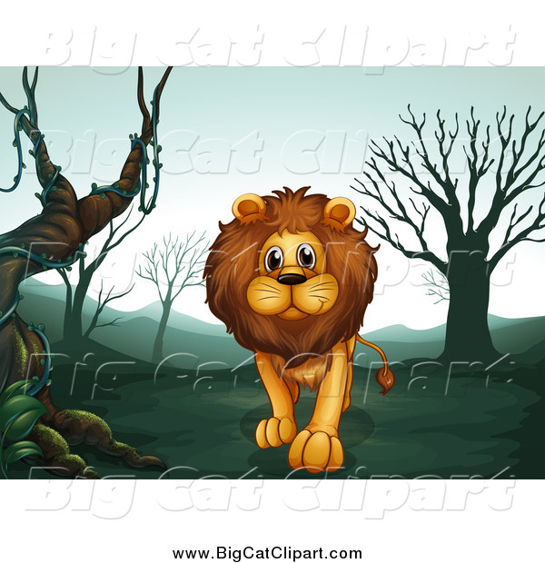 Big Cat Cartoon Vector Clipart of a Lion Walking in a Foggy Landscape