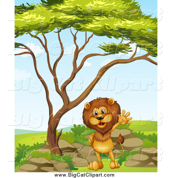 Big Cat Cartoon Vector Clipart of a Lion Waving Under a Tree on a Clear Day