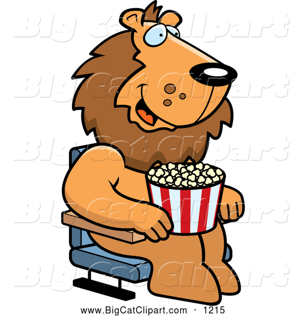 Big Cat Cartoon Vector Clipart of a Lion with Popcorn at the Movie Theater
