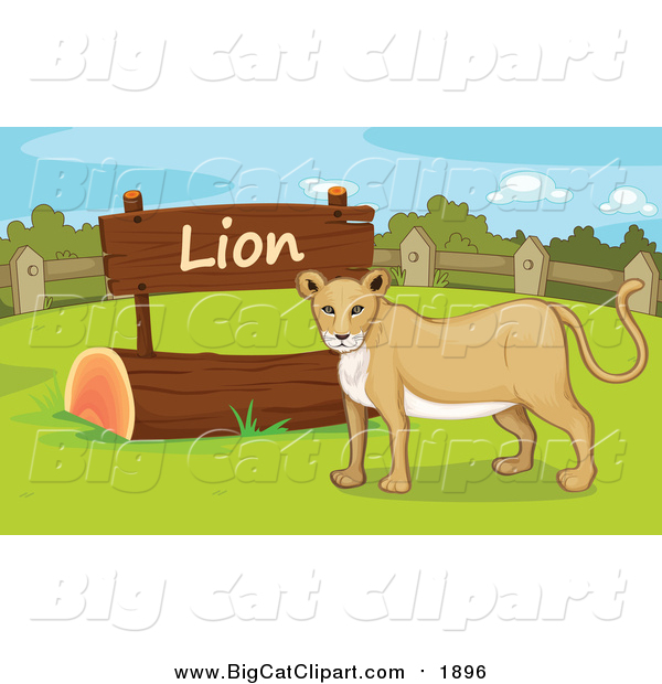 Big Cat Cartoon Vector Clipart of a Lioness by a Sign