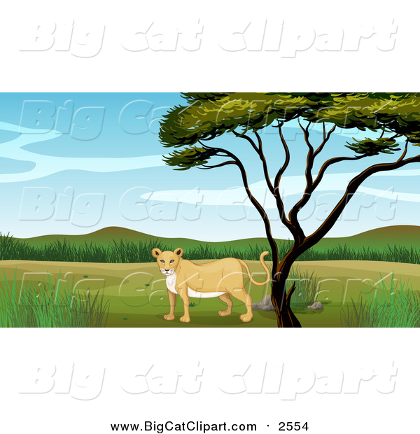 Big Cat Cartoon Vector Clipart of a Lioness Under a Tree