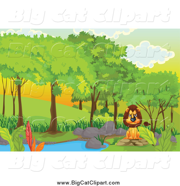 Big Cat Cartoon Vector Clipart of a Mad Lion Sitting at a Pond in a Forest