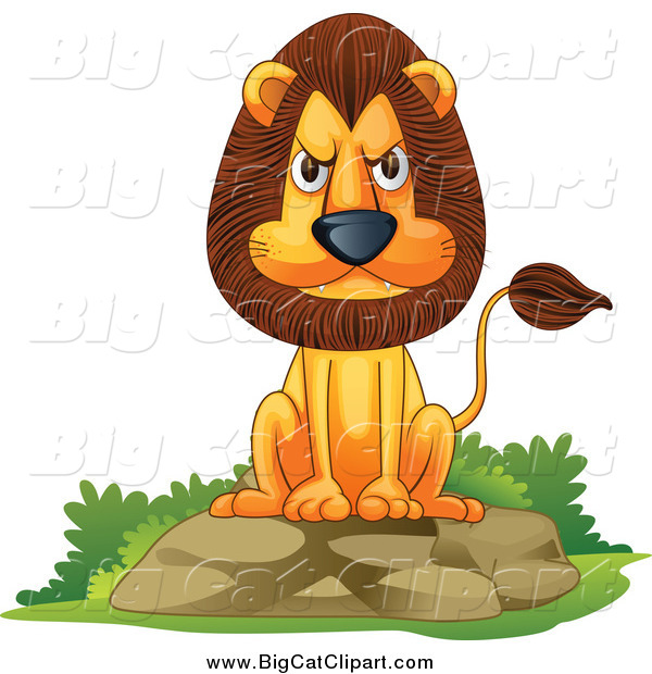 Big Cat Cartoon Vector Clipart of a Mad Lion Sitting on a Boulder