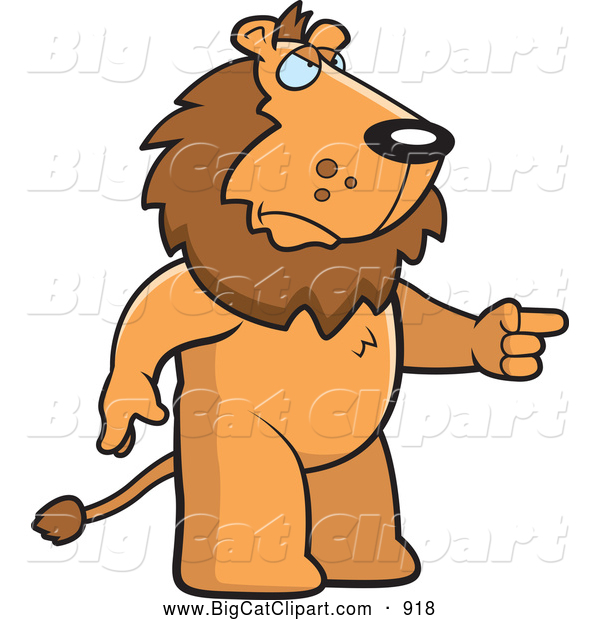 Big Cat Cartoon Vector Clipart of a Mad Lion Standing and Pointing His Finger to the Right